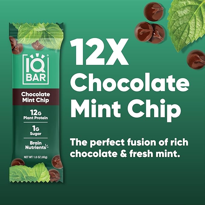 IQBAR Brain and Body Plant Protein Bars - Chocolate Mint Chip - 12-Count Low Carb - Gluten Free, High Fiber, Vegan Snacks - Low Sugar Meal Replacement