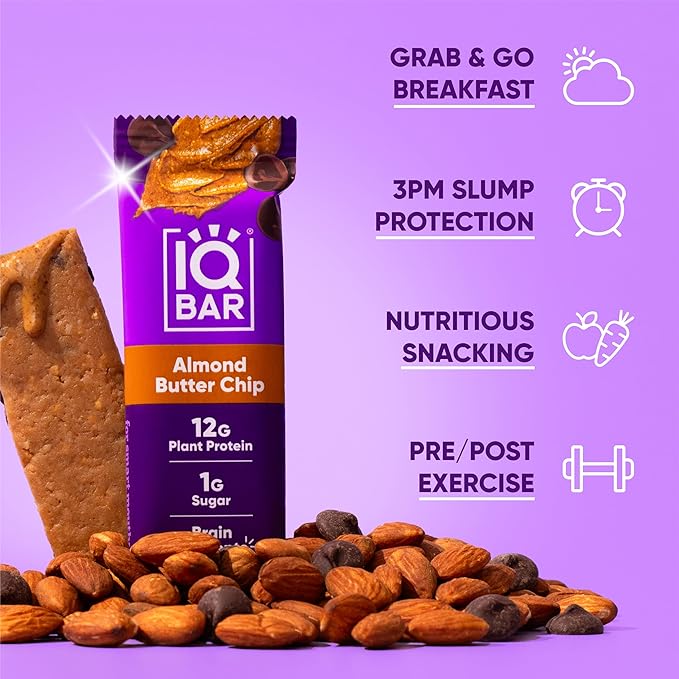 IQBAR Brain and Body Plant Protein Bars - Almond Butter Chip - 12-Count Low Carb - Gluten Free, High Fiber, Vegan Snacks - Low Sugar Meal Replacement