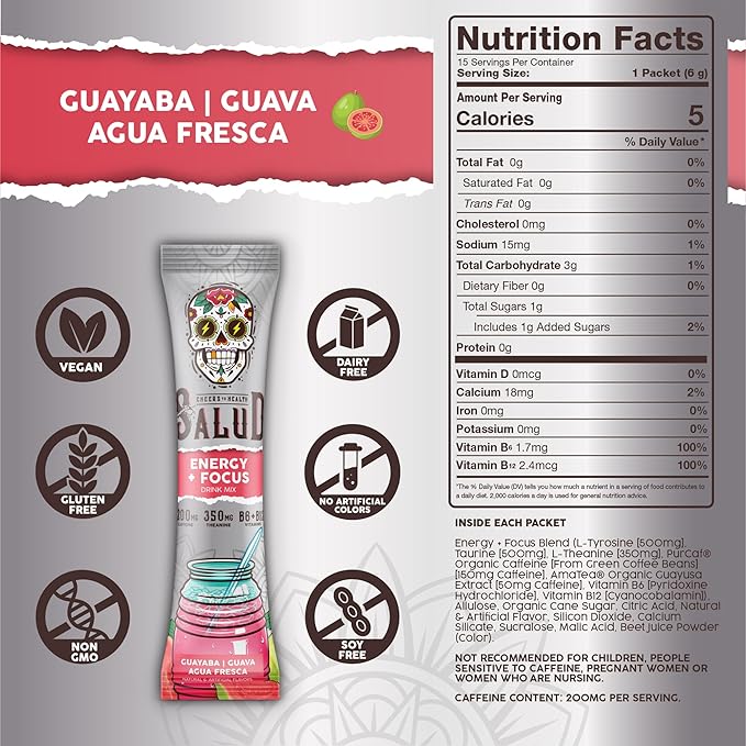 Salud 2-in-1 Energy Drink Powder + Focus, Guava, Organic Caffeine, B6 + B12, Theanine, Clean Energy Drink Packets, Guayaba Agua Fresca Mix, Non-GMO, Gluten Free, Vegan, 1g of Sugar, (15 Servings)