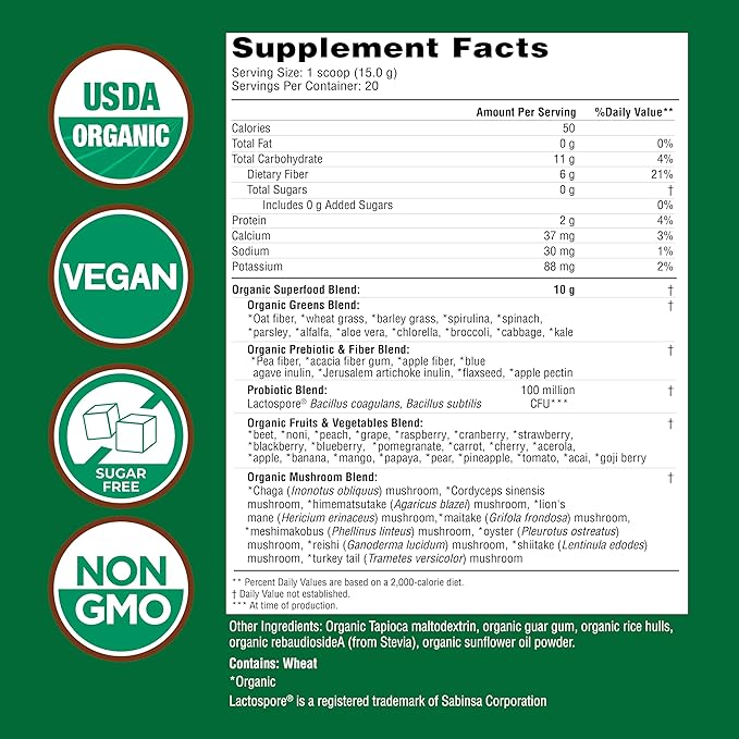 COUNTRY FARMS Super Greens Natural Flavor, 50 Organic Super Foods, USDA Organic Drink Mix, Fruits, Vegetables, Super Greens, Mushrooms & Probiotics, Supports Energy, 20 Servings, 10.6 Oz