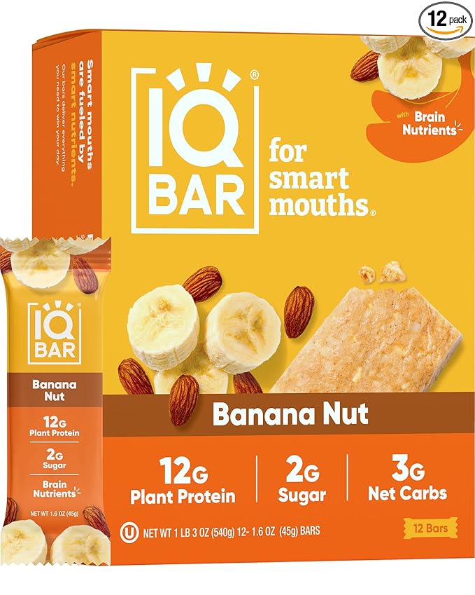 IQBAR Brain and Body Plant Protein Bars - Banana Nut - 12-Count Low Carb - Gluten Free, High Fiber, Vegan Snacks - Low Sugar Meal Replacement