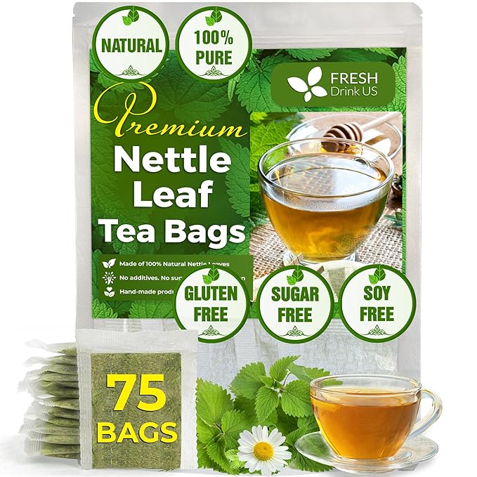 FreshDrinkUS, Premium 75 Nettle Leaf Tea Bags, 100% Natural & Pure from Nettle Leaves. Loose Leaf Nettle Herbal Tea. Nettle Leaf Tea. No Sugar, No Caffeine, No Gluten, Vegan.