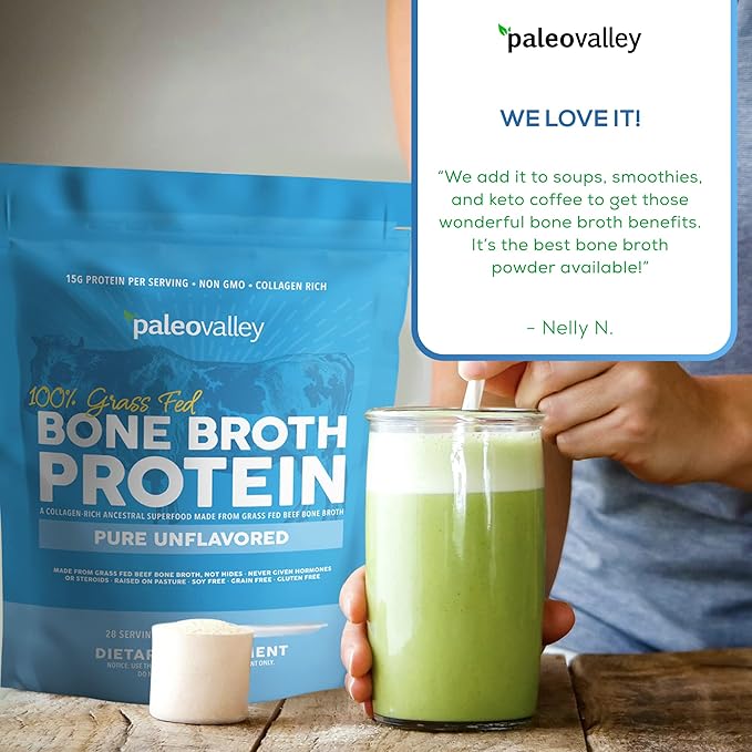 Paleovalley 100% Grass Fed Beef Bone Broth Protein Powder - Rich in Collagen Peptides for Hair, Skin, Gut Health, Bone and Joint Support - 28 Servings, 15g Protein Per Serving - No Gluten or GMOs