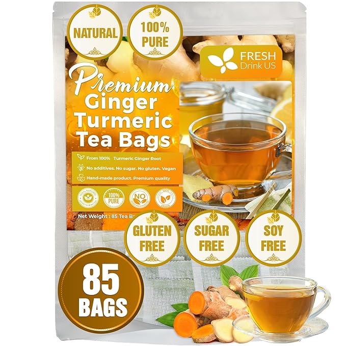 FreshDrinkUS, Premium 85 Ginger Turmeric Tea Bags, 100% Natural Ingredients, Hand-made Blend of Ginger and Turmeric Herbal Tea, Eco-conscious Tea Bags. No Sugar, No Caffeine, No Gluten, Vegan.