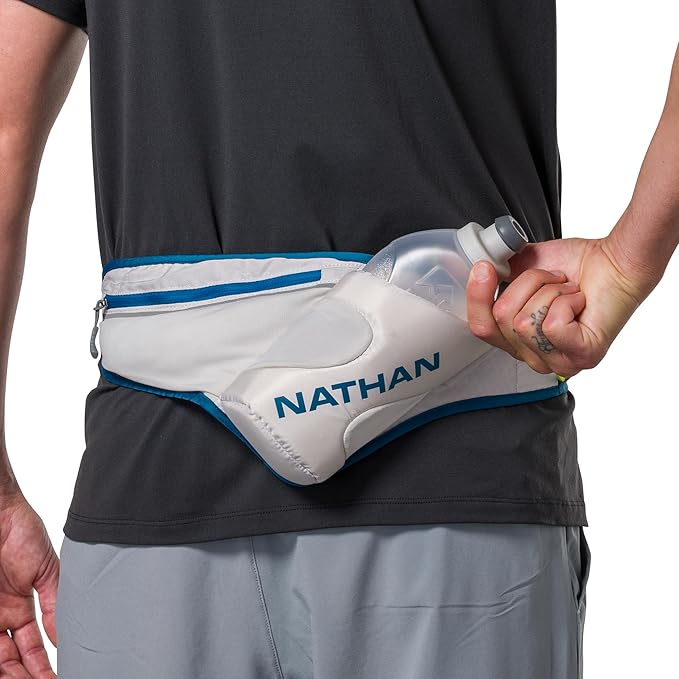 Nathan Peak Running Hydration Waist Pack Belt w/ Speed Draw Flask Water Bottle, 18oz/535 ml Push/Pull Race Cap, Expandable Zippered Stretch Pocket