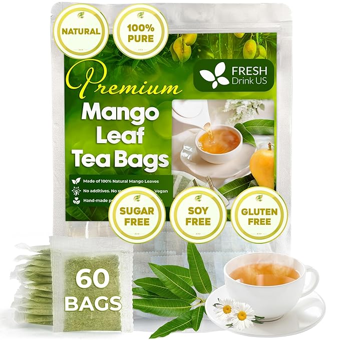 FreshDrinkUS Premium 60 Mango Leaf Tea Bags, 100% Natural & Pure. Loose Leaf Herbal Tea. No Sugar, No Caffeine, No Gluten, Vegan