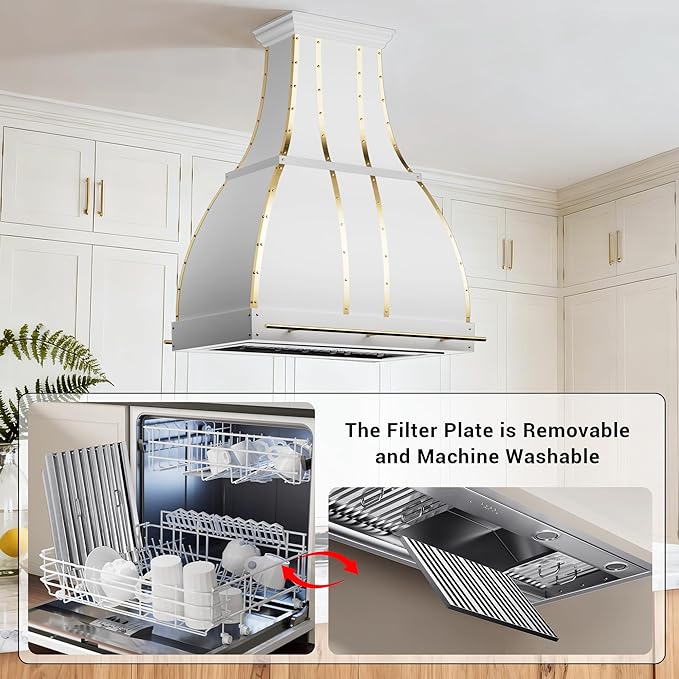 CHETTO C Stainless Steel Range Hood Cover with 4-Speed Vent Hood Insert Custom Handcrafted Metal Kitchen Fan with Towel Rack LED Light 36"W x27"D x60"H White Island Mount