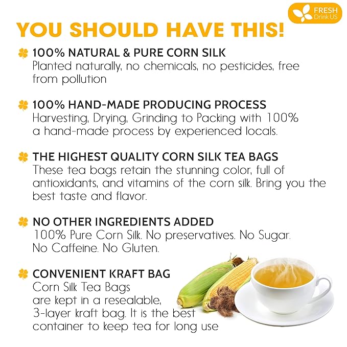 FreshDrinkUS, Premium 40 Tea Bags Corn Silk Tea, 100% Natural & Pure from Corn Silk. Corn Silk Herbal Tea. Clean Ingredients. Made with Natural Material Tea Bags. No Sugar, No Caffeine, Vegan. (40 Tea bags Corn Silk)
