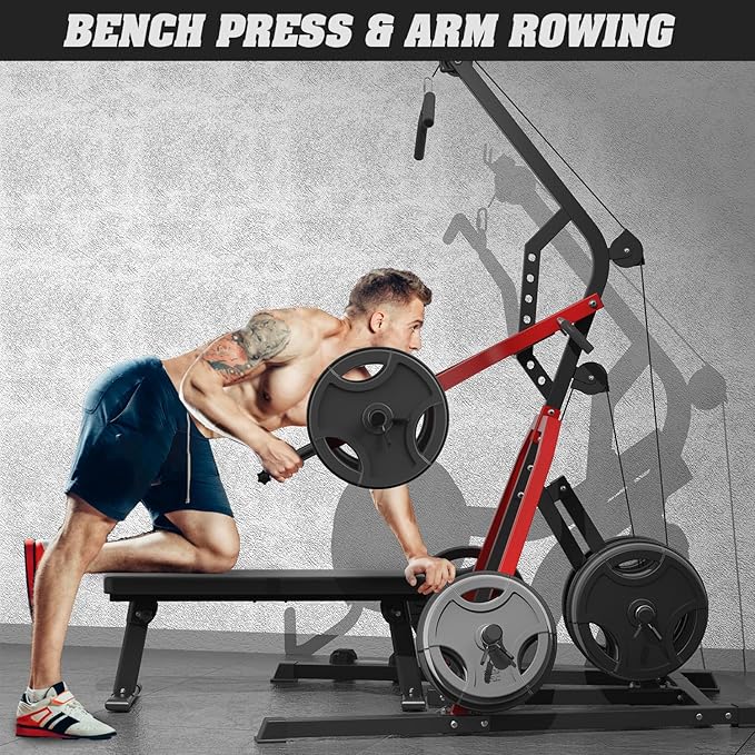 DONOW Leverage Gym Power Rack Squat Rack Lever Gym with LAT Low Row System Home Gym System Workout Station 2:1 Ratio (Without Weight Plates)