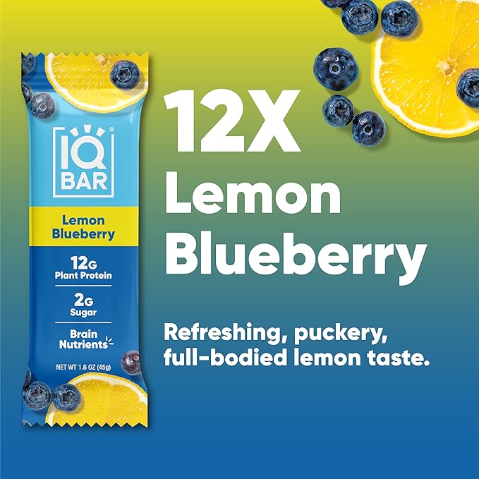 IQBAR Brain and Body Plant Protein Bars - Lemon Blueberry - 12-Count Low Carb - Gluten Free, High Fiber, Vegan Snacks - Low Sugar Meal Replacement