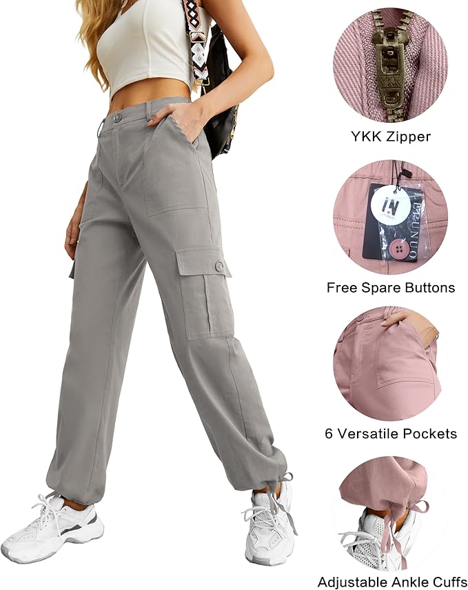 Lepunuo Women's High Waisted Cargo Pants Travel Y2K Streetwear Baggy Stretchy Pants with 6 Pockets Drawstring Ankle Cuffs