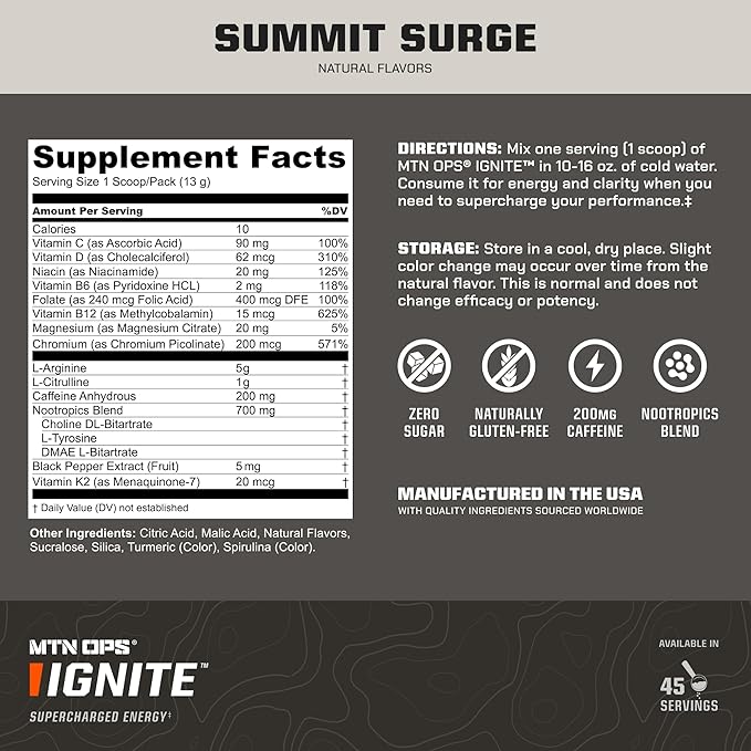 MTN OPS Ignite Energy Drink Powder, Gluten Free Nootropic Supplement Drink Mix, L Arginine, L Citrulline, Caffeine & Nootropic Sugar Free Drink Mix, 45 Servings, Hush Summit Surge
