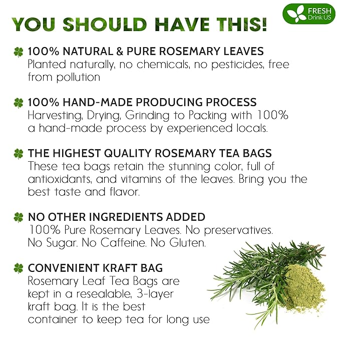 FreshDrinkUS, Premium 40 Rosemary Leaf Tea Bags, 100% Natural and Pure Rosemary Dried Leaves, Pure Rosemary Herbal Tea, No Additives, No Caffeine, No Gluten, Vegan.