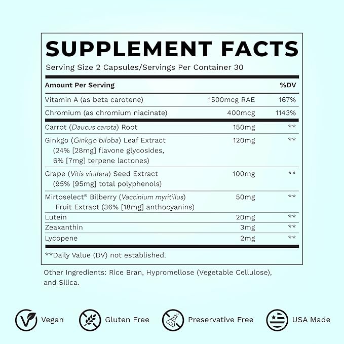 Visibili-T - Vitamin Supplement for Eye Health & Vision Support - Carrot Root, Chromium, Bilberry, Ginkgo Biloba, Grape Seed Extract, Lycopene, Vitamin A, Lutein & Zeaxanthin - 60 Capsules