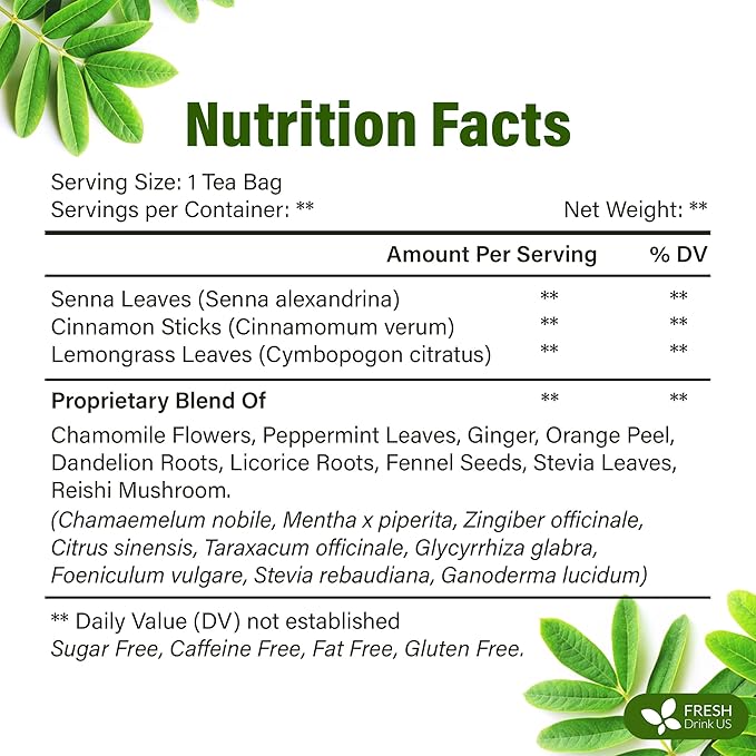 FreshDrinkUS, Evening Time Detox Herbal Tea – 30 Tea Bags – Caffeine-Free Blend with Senna, Peppermint, Chamomile, Licorice, Ginger, Reishi Mushroom – Relaxing Herbal Infusion – Non-GMO & Natural