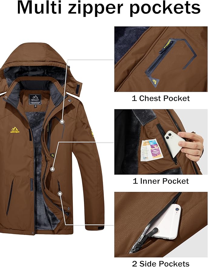 MAGCOMSEN Men's Winter Coats Water Resistant Ski Snow Jacket Warm Fleece Jacket Parka Raincoats With Multi-Pockets
