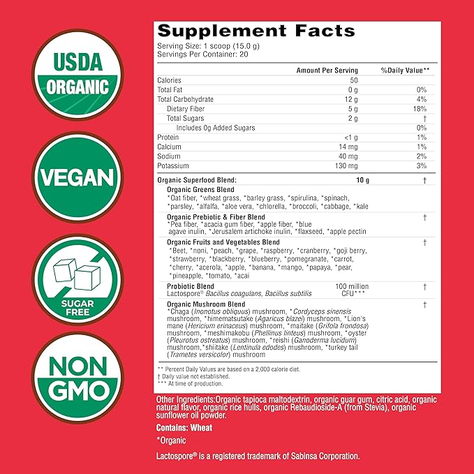 COUNTRY FARMS Super Greens Berry Flavor, 50 Organic Foods, USDA Drink Mix, Multicolor, Multi, 40 Servings, 21 Oz, 2 Pack
