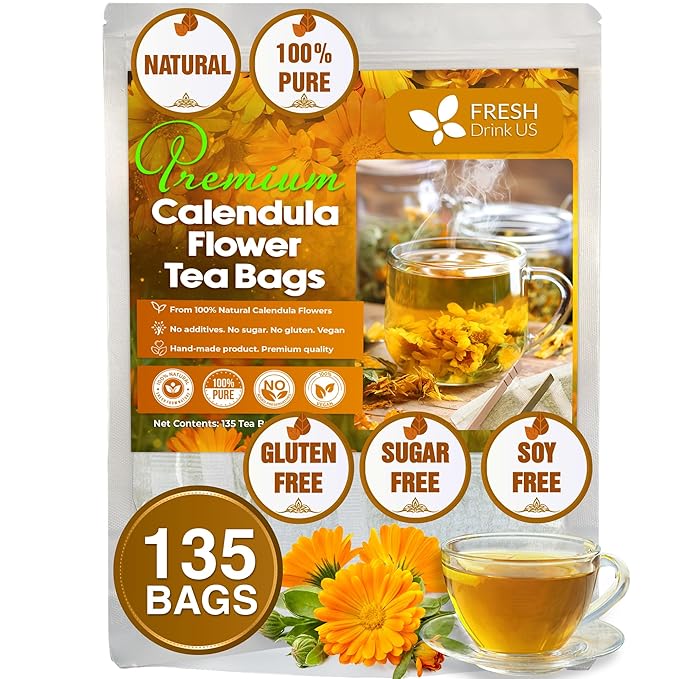 FRESHDRINKUS Premium 100% Natural Calendula Flower Tea Bags, 135 Count, Herbal Tea, Caffeine Free, Sugar Free, Gluten Free, Vegan