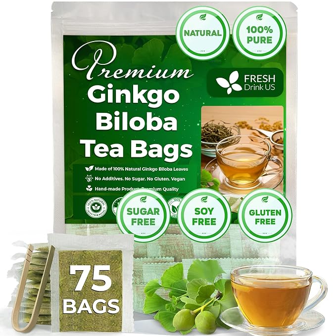 FreshDrinkUS, Premium 75 Ginkgo Biloba Leaf Tea Bags, 100% Natural & Pure from Ginkgo Biloba Leaves. Loose Leaf Herbal Tea. Made with Eco-Conscious Tea Bags. No Sugar, No Caffeine, No Gluten, Vegan.