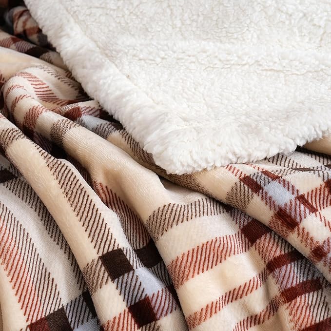 PU MEI Sherpa Fleece Throw Blanket 60" x 80" Reversible Plush Fluffy Large Big Blanket Lattice Flannel Blankets for All Season Use, Beige Stripe