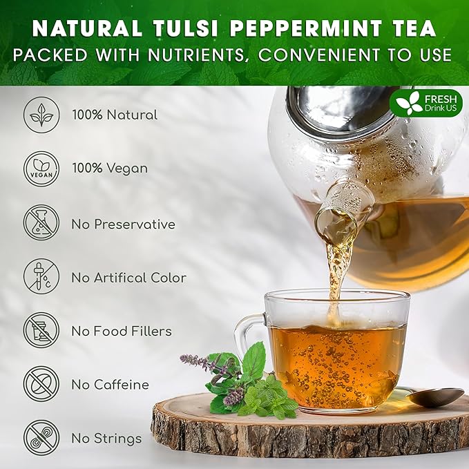 FreshDrinkUS, Premium Tulsi Peppermint Herbal Tea – 55 Tea Bags, 100% Natural, Blend of Tulsi Holy Basil Leaves, and Peppermint Leaves. Made with Natural Material Tea Bags. No Sugar, Vegan.
