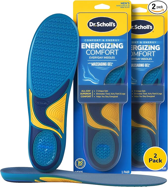 Dr. Scholl’s Energizing Comfort Men’s Everyday Insoles with Massaging Gel - Clinically Proven, All-Day Energy and Comfort Inserts, Patented Triple Gel Design, Shock Absorbing, Arch Support: 2 Pairs