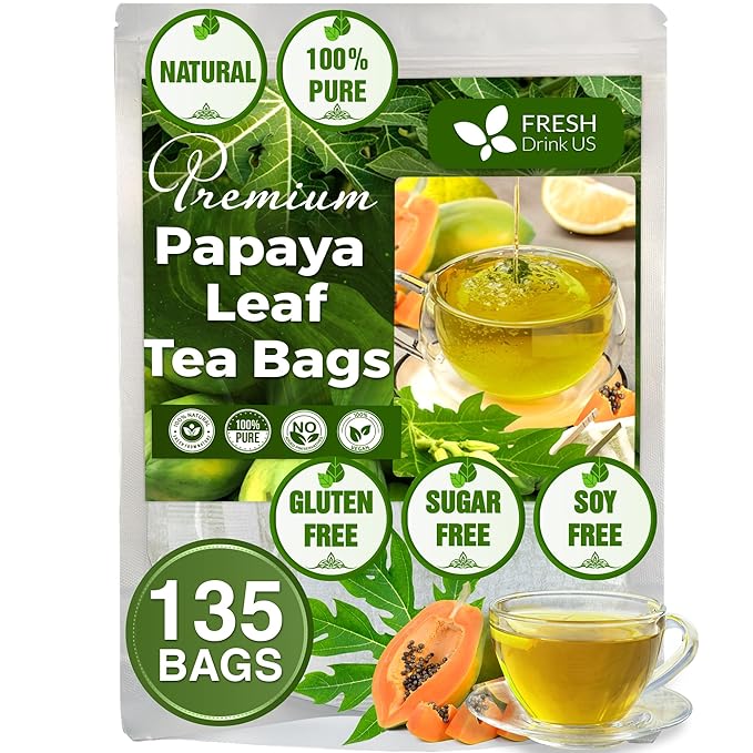 FreshDrinkUS, Premium 135 Papaya Leaf Tea Bags, 100% Natural & Pure from Papaya Leaves. Loose Leaf Papaya Herbal Tea. Made with Natural Material Tea Bags. No Sugar, No Caffeine, No Gluten, Vegan.