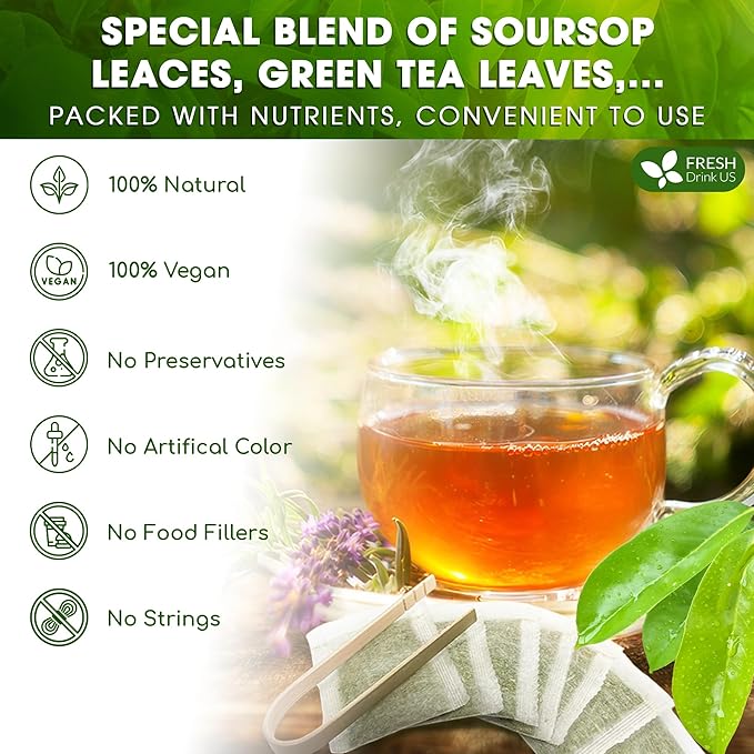FreshDrinkUS, Premium 40 Tea Bags Soursop Green Tea, 100% Natural & Proprietary Blend from Soursop Leaves and Green Tea. Smooth Flavor. Made with Eco-Conscious Tea Bags. No Additives No Sugar, Vegan.