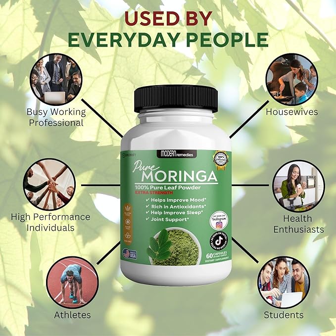 Modern Remedies Pure Moringa Max Leaf Powder Supplement, 800mg, 60 Capsules, Extra Strength for Mood, Sleep and Joint Support, Gluten Free (5)