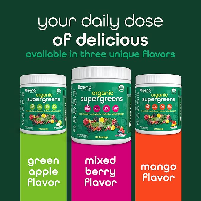 Zena Nutrition Organic Super Greens Powder, 70+ Superfoods, 0 Sugar, 3G Fiber, Spirulina, Chlorella, Antioxidants, Prebiotics/Probiotics, Digestive Enzymes, Mixed Berry, 30 Servings