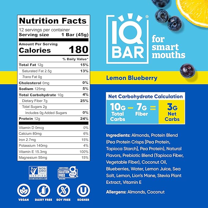 IQBAR Brain and Body Plant Protein Bars - Lemon Blueberry - 12-Count Low Carb - Gluten Free, High Fiber, Vegan Snacks - Low Sugar Meal Replacement