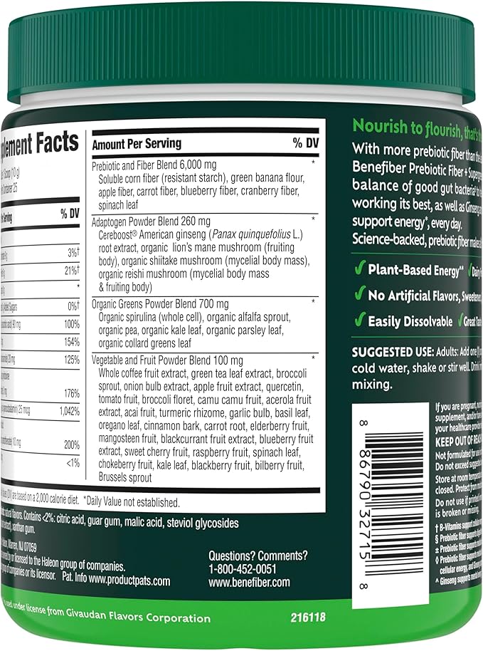 Benefiber Prebiotic Fiber + Supergreens Dietary Supplement Powder, Watermelon Lemonade Flavor, 8.8 oz (250g), 25 Day Supply