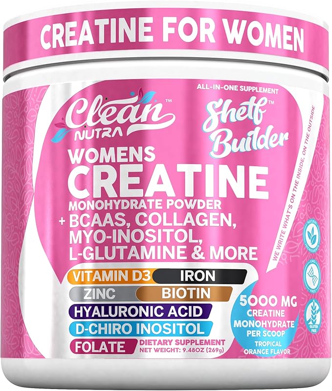 Creatine for Women | Creatine Monohydrate + BCAA Powder Myo-Inositol Collagen Biotin Hyaluronic Acid Folate L Glutamine Vitamin D3 Iron Zinc D-Chiro-Maca Digestion Shelf Builder by Clean Nutra
