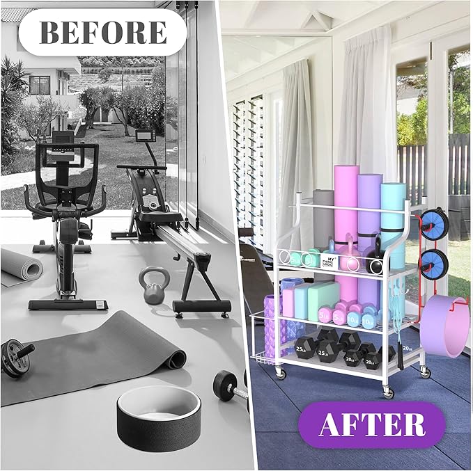 Mythinglogic Yoga Mat Storage Racks,Home Gym Storage Rack for Dumbbells Kettlebells Foam Roller, Yoga Strap and Resistance Bands, Workout Equipment Storage Organizer With Hooks and Wheels