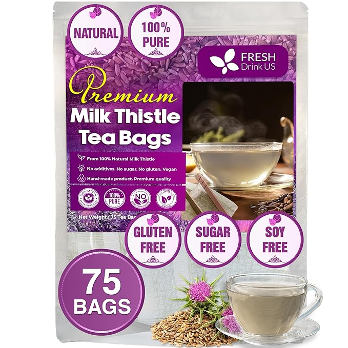 FreshDrinkUS, Premium 75 Milk Thistle Tea Bags, 100% Natural & Pure from Milk Thistle Seeds. Milk Thistle Seed Herbal Tea. Made with Natural Material Tea Bags. No Sugar, No Caffeine, No Gluten, Vegan.