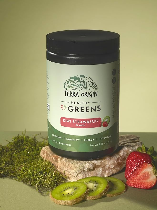 TERRA ORIGIN Healthy Greens Powder Blend | Superfoods, Probiotics, Enzymes, Spirulina | for Immune & Digestive Gut Health Support | Energy & Wellness Boost | 30 Servings (Kiwi Strawberry)