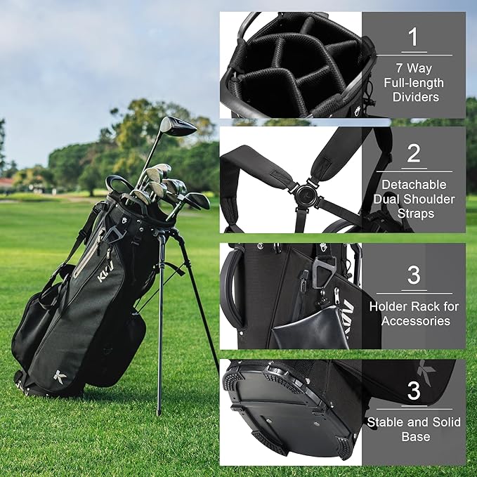 KVV Lightweight Golf Stand Bag with 7 Way Full-Length Dividers, 5 Zippered Pockets, Automatically Adjustable Dual Straps，Elegant Design