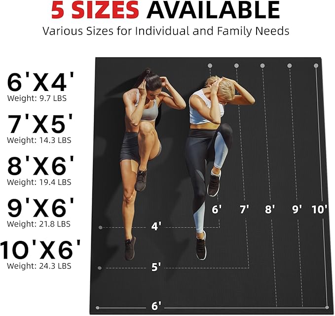 Extra Large Exercise Mat, 10'x6'/9'x6'/8'x6'/7'x5'/6'x4' (8mm/10mm) Thick Workout Mat for Home Gym Flooring, Garage, Shoe-Friendly, High-Density, MMA, HIIT, Weight Lifting, Cardio&Strength