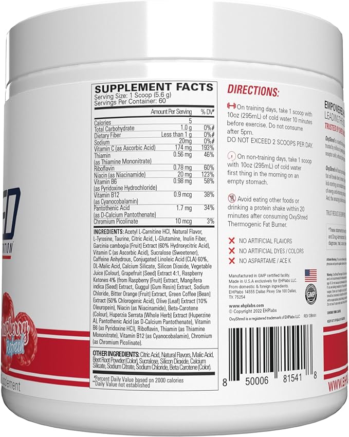 EHP Labs OxyShred Pre Workout Powder - Preworkout Powder with L Glutamine & Acetyl L Carnitine, Energy Boost Drink - Raspberry Refresh, 60 Servings