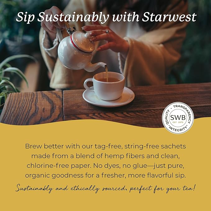 Starwest Botanicals Organic Lemon Ginger Tea - Caffeine Free Herbal Blend for Women & Men, Lemongrass, Ginger Root, & Peppermint Leaf, String Free Sachets, Non GMO - Bulk Pack, 100 Tea Bags