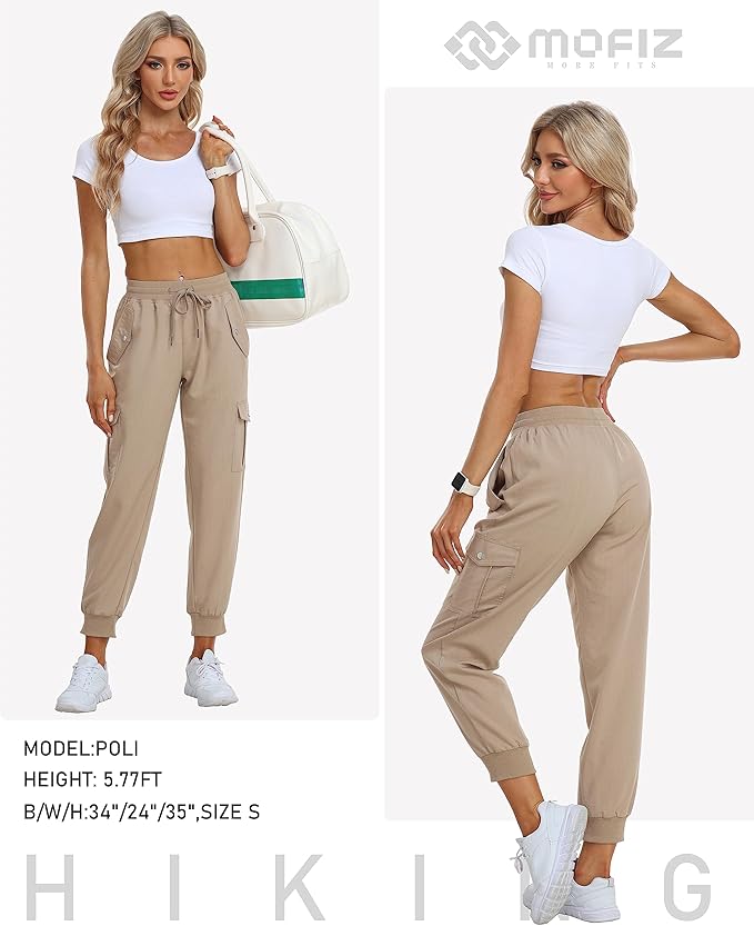 MoFiz Women's Outdoor Cargo Pants Lightweight Joggers Elastic Waist Athletic Hiking Sweatpants Casual Travel Pant with Pocket