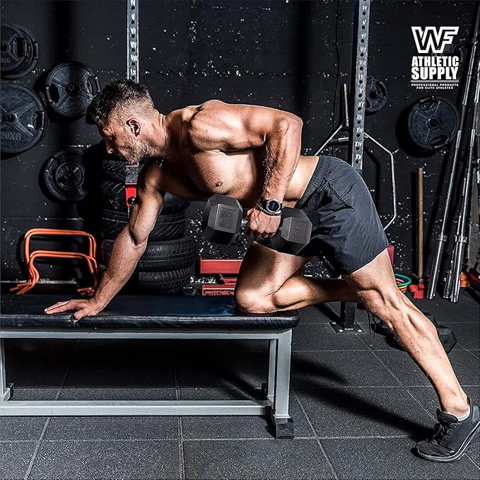 WF Athletic Supply Rubber Encased Hex Dumbbells with Rubber Grip Contoured Handle for Muscle Toning, Strength Building & Full Body Workout