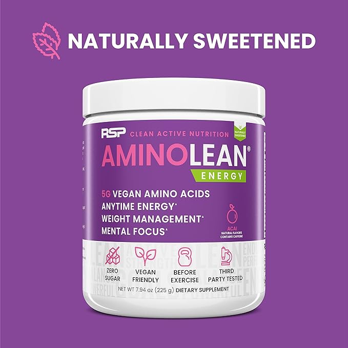 RSP NUTRITION AminoLean Natural Pre Workout Powder, Sucralose Free Amino Energy with No Artificial Dyes, Vegan BCAAs and Weight Management, Acai, 25 Serv