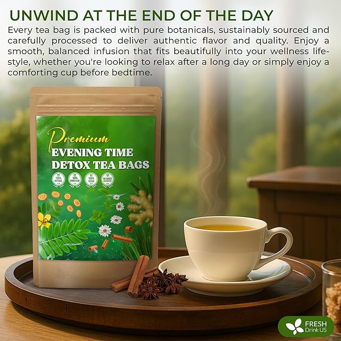 FreshDrinkUS, Evening Time Detox Herbal Tea – 30 Tea Bags – Caffeine-Free Blend with Senna, Peppermint, Chamomile, Licorice, Ginger, Reishi Mushroom – Relaxing Herbal Infusion – Non-GMO & Natural
