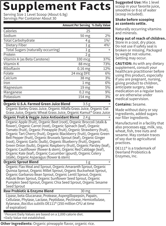 Garden of Life Raw Organic Perfect Food Green Superfood Juiced Greens Powder - Original Stevia-Free, 30 Servings, Non-GMO, Gluten Free Whole Food Dietary Supplement, Alkalize, Detoxify, Energize