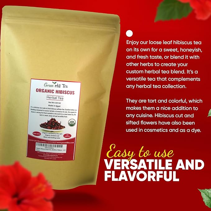 Greenhilltea Premium Dried Hibiscus Flower, Fully natural and healthy, Rich Aroma, Gluten Free, Non GMO, contains benefits of Hibiscus – 4 OZ
