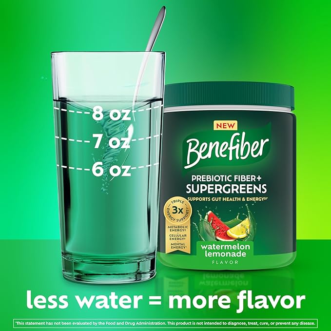 Benefiber Prebiotic Fiber + Supergreens Dietary Supplement Powder, Watermelon Lemonade Flavor, 8.8 oz (250g), 25 Day Supply