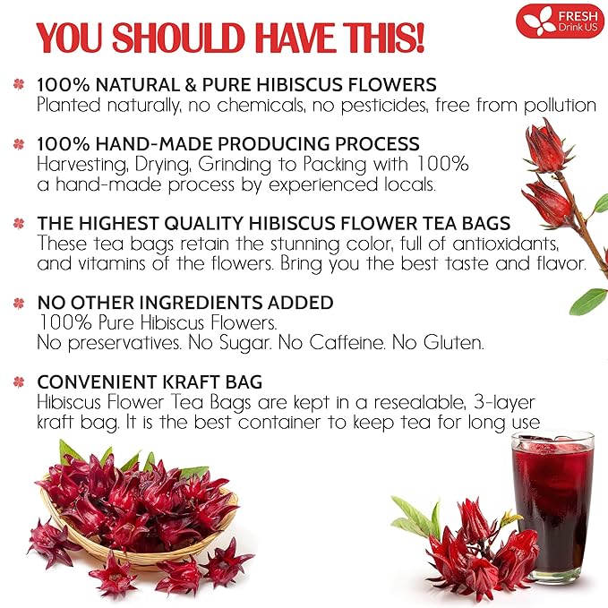 FRESHDRINKUS 115 Hibiscus Flowers Tea Bags, 100 Percent Natural, Pure from Hibiscus Flowers. Loose Flower Hibiscus Herbal Tea. Hibiscus Flower Tea. No Sugar, No Caffeine, No Gluten, Vegan.