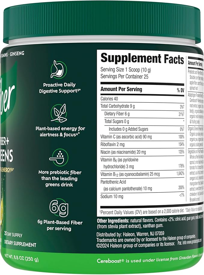 Benefiber Prebiotic Fiber + Supergreens Dietary Supplement Powder, Watermelon Lemonade Flavor, 8.8 oz (250g), 25 Day Supply
