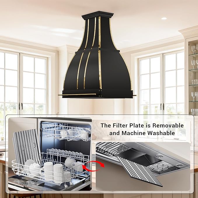 CHETTO C Stainless Steel Range Hood Cover with 4-Speed Vent Hood Insert Custom Handmade Metal Kitchen Fan with Towel Rack LED Light 54"W x27"D x45"H Black Island Mount